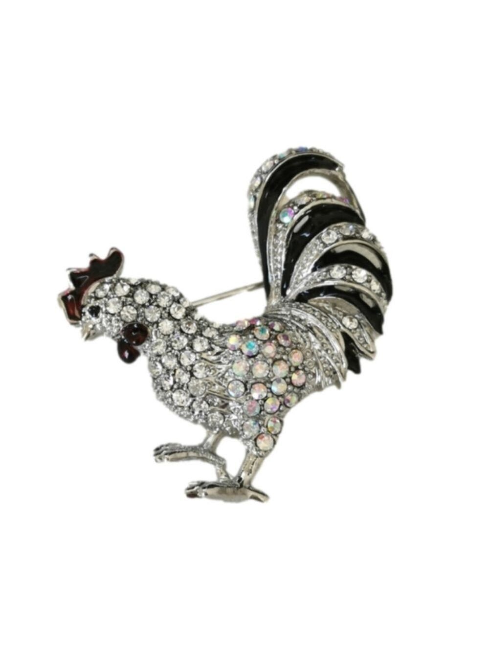 Silver and crystal with black enamel Rooster brooch pin 🆕